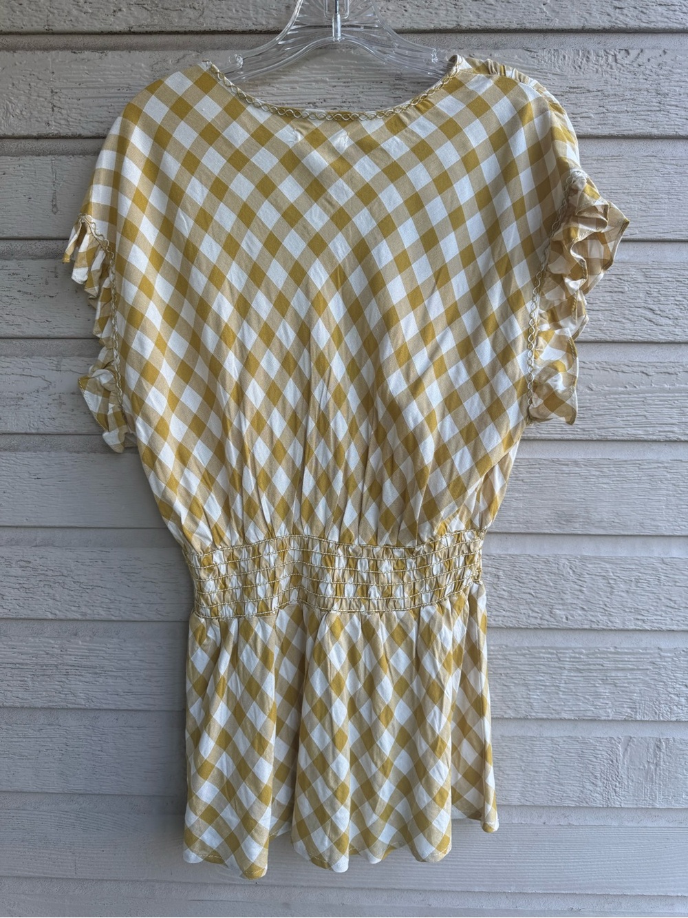 Max Studio Yellow and Cream Checkered V-Neck Top - Picture 2 of 6